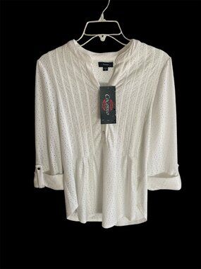 Cocomo Eyelet 3/4 Sleeve Blouse Small White Pleated Buttons NWT